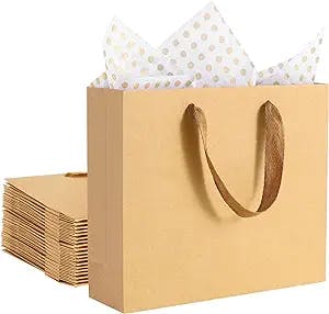 YNERHAI 20 Pack Gift Bags with Tissue Paper, Kraft Paper Bag with Ribbon Handles, 10.6” x3.1” x8.3” Brown Gift Bags Medium Size for Wedding, Birthday, Party Supplies and Gifts (Medium, Brown)