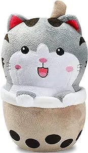 Cat Boba Tea Plush Bubble Tea Stuffed Animal Plush Toy Pillow Cute Cuddle Stuffed Milk Tea Cuddle Pillow Food Plushies for Kids Gift