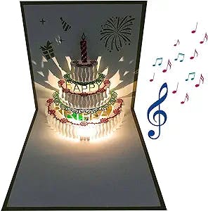 3D Birthday Cards, Auto Play Music Warm LED Light Birthday Cake Card, Greeting Cards Birthday Music Cards for Mom Wife Sister Boy Girl and Friends 1 Pack