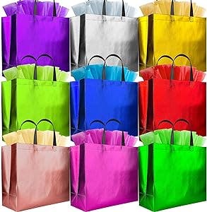 GITMIWS 13'' Sparkle Gift Bags with Tissues – Set of 9 Mix Color Reusable Gift Bags Large Size - Perfect as Goodie Bags, Birthday Gift Bag, Party Favor Bags, Christmas Gift Bags