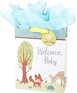 "Hallmark 15"" Extra Large Baby Gift Bag with Tissue Paper (Woodland Animals) for Baby Showers, New Parents and More" (5WDB2059)