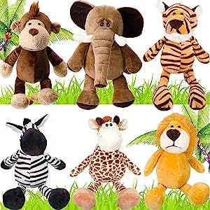 6 Pieces Safari Stuffed Animals Plush Jungle Animal Toys Set for Boys Girls, Cute Lion Elephant Zebra Giraffe Tiger Monkey for Animal Themed Parties Student Award Christmas (Cute Style)