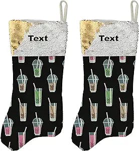 Personalized Gifts Secret Santa Stocking Bubble Tea Tap Tea Smoothie Themed 2 Pack Customized Flip Sequin Stockings Gold