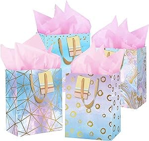 YE GIVING Medium Sized Paper Gift Bags Marble Pattern Sturdy Gift Bags 7"x4"x9" 4 Bags, Assorted Design Includes Tissue Paper and Tags.