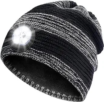 Beanie with Light Mens Gifts Unique - Stocking Stuffers for Women Men Rechargeable LED Knitted Beanie Hat for Grandpa Dad Him Dark Black