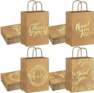 Whaline 16Pcs Thank You Party Bags Gold Foil Kraft Paper Gift Bags Brown Paper Bags with Handle Party Favor Bags for Wedding Birthday Baby Shower Party Favors 6.3 x 8.7 x 3.1inch, 4 Styles