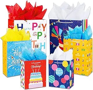 Birthday Gift Bag with Handle and Tissue Paper, 12 Pcs Gift Bags Assorted Sizes and Designs, Large, Medium, Small Size Birthday Gift Bag for Boys, Girls, Women and Men’ Birthdays Party ( Sizes 15.5”, 13”, 9” )