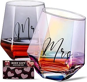 FONDBLOU Wine Glasses Gifts for Mr and Mrs, Wedding Gifts for Bride and Groom, Gifts for Bridal Shower Newlywed Engagement and Anniversary, Couples Gifts for Husband & Wife