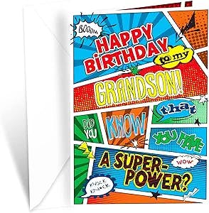 Birthday Card For Grandson, Prime Greetings, Made in America, Eco-Friendly, Thick Card Stock with Premium Envelope 5in x 7.75in, Packaged in Protective Mailer (Superhero)
