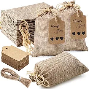 Homum 25Pcs Premium Burlap Gift Bags with Drawstring and 25Pcs Gift Tags & String, 4x6 Inch Reusable Gift Bags, Burlap Bags, Linen Sacks Bag for Wedding Favors Party Jewelry Pouches, Christmas, Coffee, DIY Craft Bags