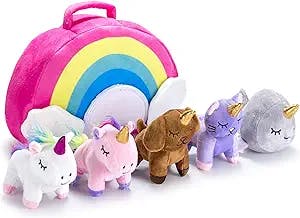 Stuffed Toy Unicorn Animal Set – Set of 5 Stuff Toys for Toddlers - with Rainbow Carry Bag - 2 Unicorns, Kitty, Puppy, and Narwhal – Toddler Gifts for Girls Age 3, 4, 5, 6, 7, 8 Year Old