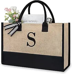 TOPDesign Initial Jute/Canvas Tote Bag, Personalized Present Bag, Suitable for Wedding, Birthday, Beach, Holiday, is a Great Gift for Women, Mom, Teachers, Friends, Bridesmaids (Letter S)