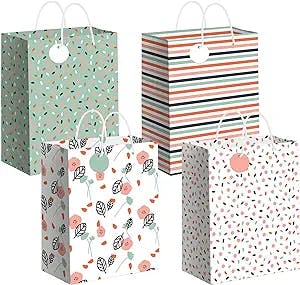 Cute Assorted Mothers Day Gift Bags - Set of 4 - 10" Medium Size Gift Bags With Handles & Name Tags - Floral, Striped, and Confetti Everyday Gift Bags - Pink & Green Gift Bags For Women. Perfect for Mothers Day, Birthdays, Baby Showers, Bridal Showers, Easter, Weddings more! - 4 Pack