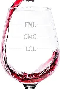 LOL-OMG-FML Funny Wine Glass - Best Christmas Gag Gifts for Women, Mom - Unique Xmas Gift Idea for Her, Him, Friend, Sister - Cool Birthday Present from Husband, Wife, Son, Daughter - Fun Novelty Gift