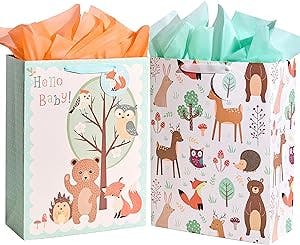 SUNCOLOR 16.5" Extra Large Gift Bags for Baby Shower with Tissue Paper(2 Pack, Hello Baby!)