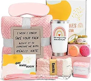 Get Well Soon Gifts for Women, 12 Pcs Care Package Get Well Gift Basket for Sick Friends After Surgery, Feel Better Self Care Gift, Sympathy Gifts Thinking of you Box for Women Mom Her w/Pink Blanket