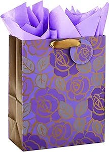Hallmark 13" Large Gift Bag with Tissue Paper (Purple Flowers, Gold Accents) for Birthdays, Mother's Day, Bridal Showers, Weddings, Retirements, Anniversaries, Engagements, Any Occasion