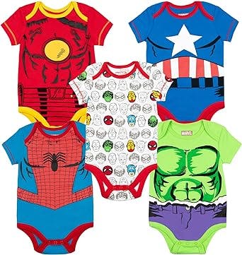 Marvel Baby Boys' 5 Pack Bodysuits - The Hulk, Spiderman, Iron Man, and Captain America