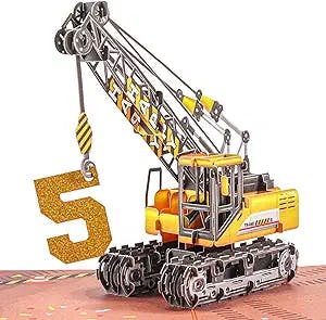 Liif Crane Truck Happy 5th Birthday Card | 3D Greeting Pop Up Birthday Card For Age 5 | Five Years Old - For Kids, Boy, Nephew, Grandson, Toddler | Fun Construction Vehicle Card | With Message Note & Envelop | Size 7 x 5 Inch