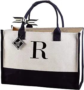 Mud Pie Classic Black and White Initial Canvas Tote Bags (R), 100% Cotton, 17" x 19" x 2"