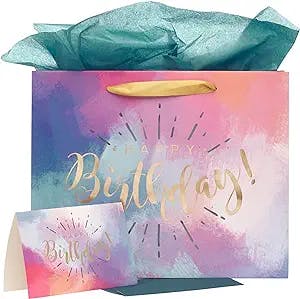 WITH LOVE Happy Birthday Women's Large Gift Bag Set w/Card & Tissue Paper Blue Pink Purple Watercolor Design for Her Birthday Inspirational Gift Wrap Bag, Landscape 10" x 12.5" x 3.9"