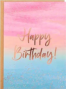 Birthday Card - Single Happy Birthday Greeting Card with Rose Gold Foil Sprinkles and Lettering on Ombre Blue Yellow Pink Textured Paper with Kraft Envelope - 5" x 7" - Blank Inside