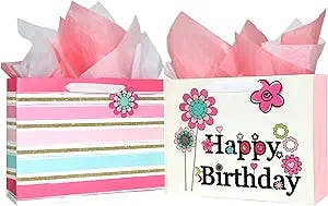 SUNCOLOR 13" Large Gift Bags for Birthday Party with Tissue Paper(2 Pack, Flower with Happy Birthday)