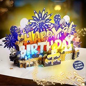 INPHER Large Birthday Card Blow Out Candle Light and Music Pop Up Happy Birthday Card Musical Birthday Gift Greeting Cards Birthday Cards for Mom, Dad, Husband, Wife, Sister, Navy Blue