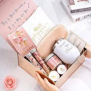 Happy Birthday Gifts for Women Spa Set Gift Basket for Best Friends Mom Unique Birthday Box Gifts for Sister Girlfriend Teacher Female Her Bday Wine Tumbler Relaxing Presents Woman Who Has Everything