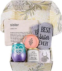 UNNESALT 6 pieces Funny Sisters Birthday Gifts from Sister - Unique Christmas Gift Basket for Sisters - Wine Tumbler, Candle, Keychain, Jewelry Dish, Socks, Makeup Bag