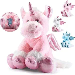 PREXTEX Plush Unicorn with Zippered Pouch for Its 3 Little Plush Baby Unicorns - Plushlings Collection Soft Stuffed Animal Playset