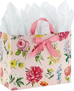 Hallmark 10" Large Horizontal Gift Bag with Tissue Paper (Vintage Floral with Pink Bow) for Easter, Mother's Day, Bridal Showers, Graduations, New Moms