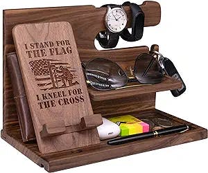 Engraved Phone Docking Station for Military - Handmade Nightstand Organizer Present for Soldiers in Navy, Air Force, Army, Coast Guard, Marine - Unique Gift Ideas for Dad, Husband, Grandpa, Veteran