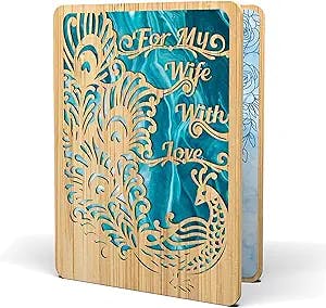 AGAPE LOVE CARDS Happy Birthday Card For Wife - | Made From Real Bamboo | 6" X 4.5" - 1 Pack (Envelope Included) | Laser Cut, Peacock Themed Birthday Card for Wife from Husband or Significant Other