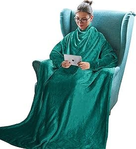 Tirrinia Wearable Fleece Blanket with Sleeves for Adult Women Men, Super Soft Comfy Plush TV Blanket Throw Cuddly Wrap Cover for Bed Sofa and Couch 73" x 51'' Green