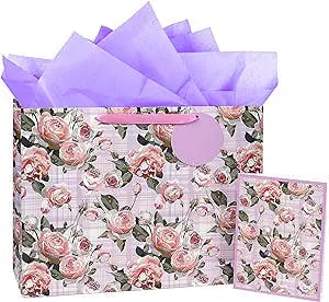 MAYPLUSS 16" Extra Large Gift Bag with Gift Card and Tissue Paper - Purple Floral for Mothers day, Holiday, Birthday
