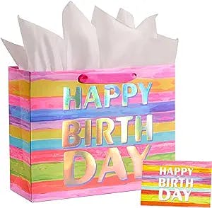 SUNCOLOR 13" Large Gift Bag with Card and Tissue Paper (Colorful Happy Birthday)