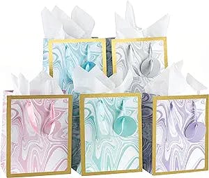 Medium Gift Bag Set - Pack of 5 Medium Gift Bags With Tissue Paper - Elegant Design Gift Bags Medium Size for Birthday, Present Bags, Baby Gift Bag, 5 Count with Tissue Paper