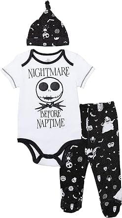 Disney Nightmare Before Christmas Baby Bodysuit Pants and Hat 3 Piece Outfit Set Newborn to Infant