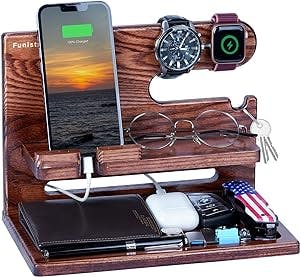 Funistree Gifts for Men Dad Fathers Day from Daughter Son, Ash Wood Phone Docking Station, Anniversary Birthday Gifts for Him Husband Boyfriend from Wife, Nightstand Organizer Graduation Gifts Ideas