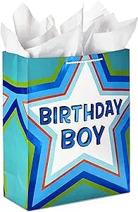 Hallmark 15" Extra Large Birthday Gift Bag with Tissue Paper ("Birthday Boy" Green and Blue Star), 0005WDB1160