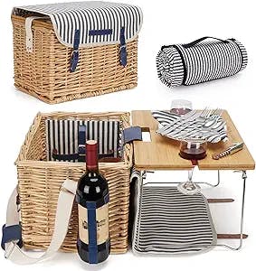 Wicker Picnic Basket for 2 Persons Picnic Kit, Willow Hamper Service Gift Set with Bamboo Wine Table for Camping and Outdoor Party