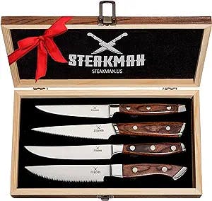 New Gift Idea - Steak Knives Set of 4 in Wooden Box - Unique Find in Ready Gift Box - Gift for Men Women Dad Mom - Wooden Handles Knives - Gifts for Birthday Fathers Mothers Day Anniversary Retirement