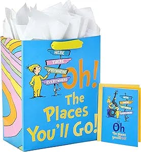 Hallmark 13" Large Dr. Seuss Graduation Gift Bag with Tissue Paper and Graduation Card (Oh! the Places You'll Go!) for High School, Kindergarten, College, Nursing School Grads