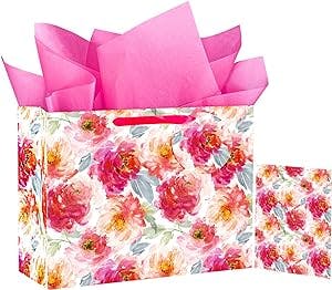 WRAPAHOLIC 13" Large Gift Bag with Card and Tissue Paper - Elegant Floral for Birthdays, Mother's Day, Bridal Showers, Weddings, Anniversaries, Any Occasion