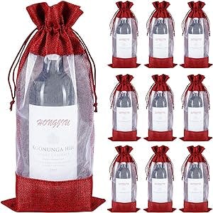 Jute Wine Bags, 10pcs Burlap Wine Bottle Bags 750ml with Sheer Window Organza Hessian Drawstring Gift Bags Red for Wedding Festival Wine Tasting Party Favors (14 x 6.3 inches)