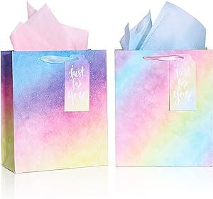 OLDASTUDY Gift Bags Medium Size with Handles Glitter Colorful Paper Bags with Tissue Paper for Shopping, Parties, Christmas, Baby Shower, Mother's Day- 2 Pack-7" X 4" X 9"