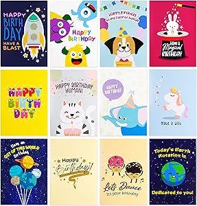 12 Large Children Birthday Cards 5 x 7 Inch – Kids Happy Birthday Cards – 12 Premium Kids Birthday Cards For Him & Her with Illustrated Dogs, Cats, Space Rockets, Planets, and Cute Furry Characters Printed on Thick 350 GSM Paper – With 12 White Envelopes