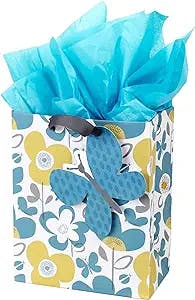 Hallmark 9" Medium Gift Bag with Tissue Paper (Flowers and Butterflies; Turquoise and Yellow) for Birthdays, Bridal Showers, Baby Showers, Easter, Mothers Day and More