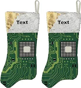 Personalized Gifts Secret Santa Stocking Circuit Board CPU Computer Hardware Theme 2 Pack Customized Flip Sequin Stockings Gold